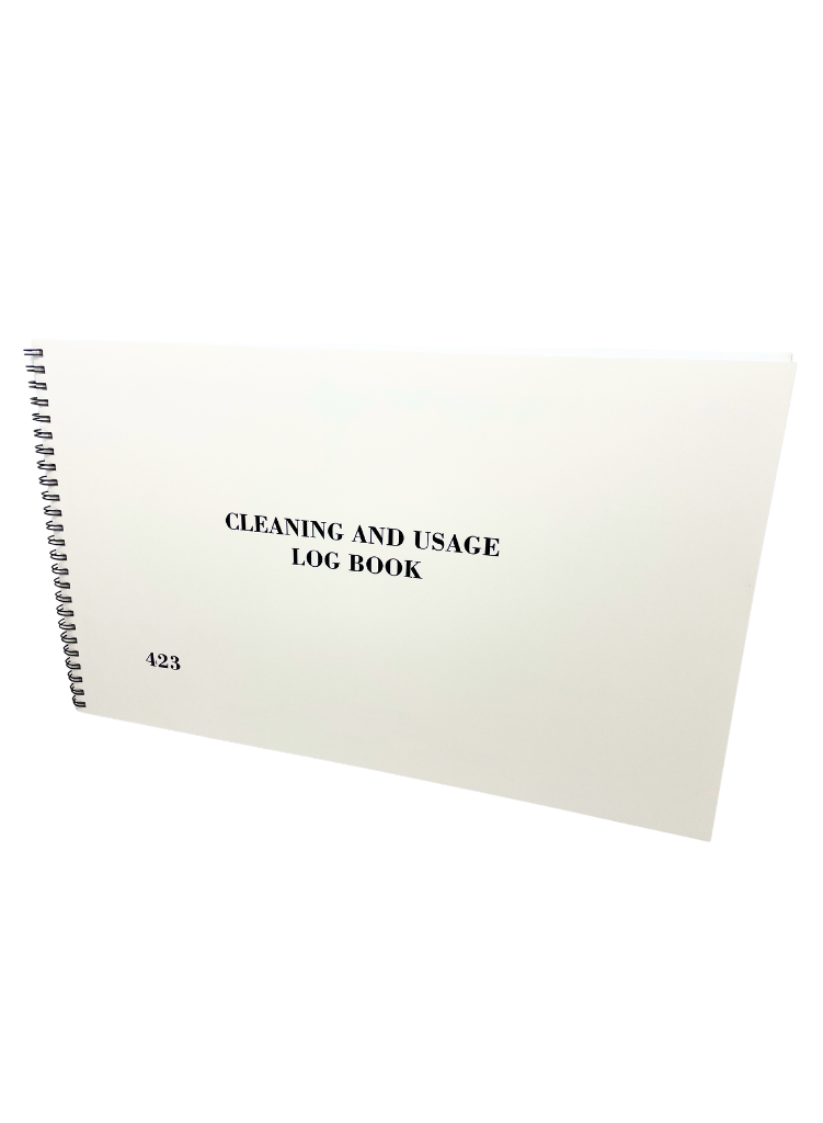 a white log book with the text 'cleaning and usage log book' on the cover.