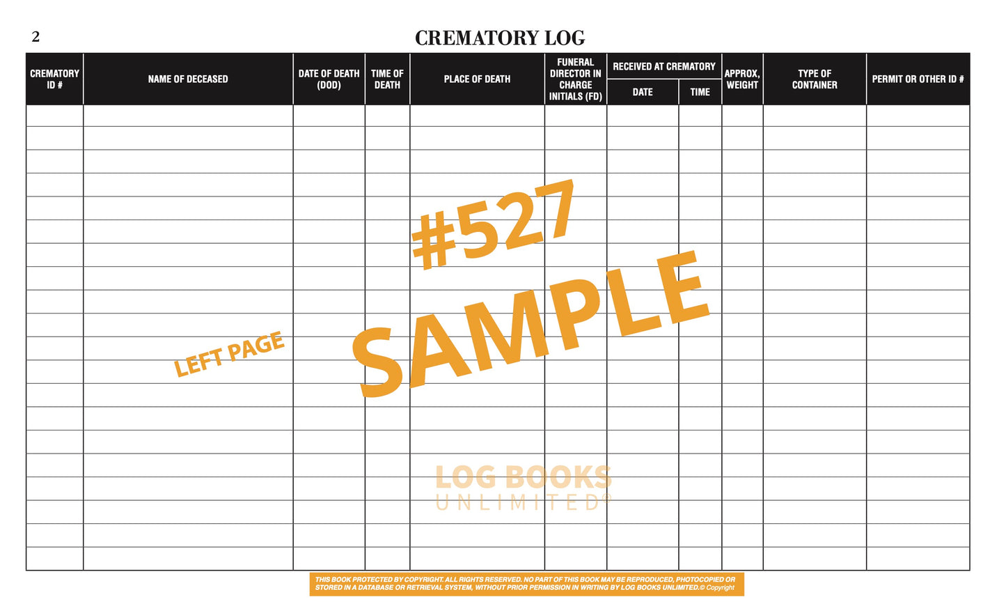 A sample crematory log left page featuring columns for name, dates and time of death, place of death, funeral director, and type of container.
