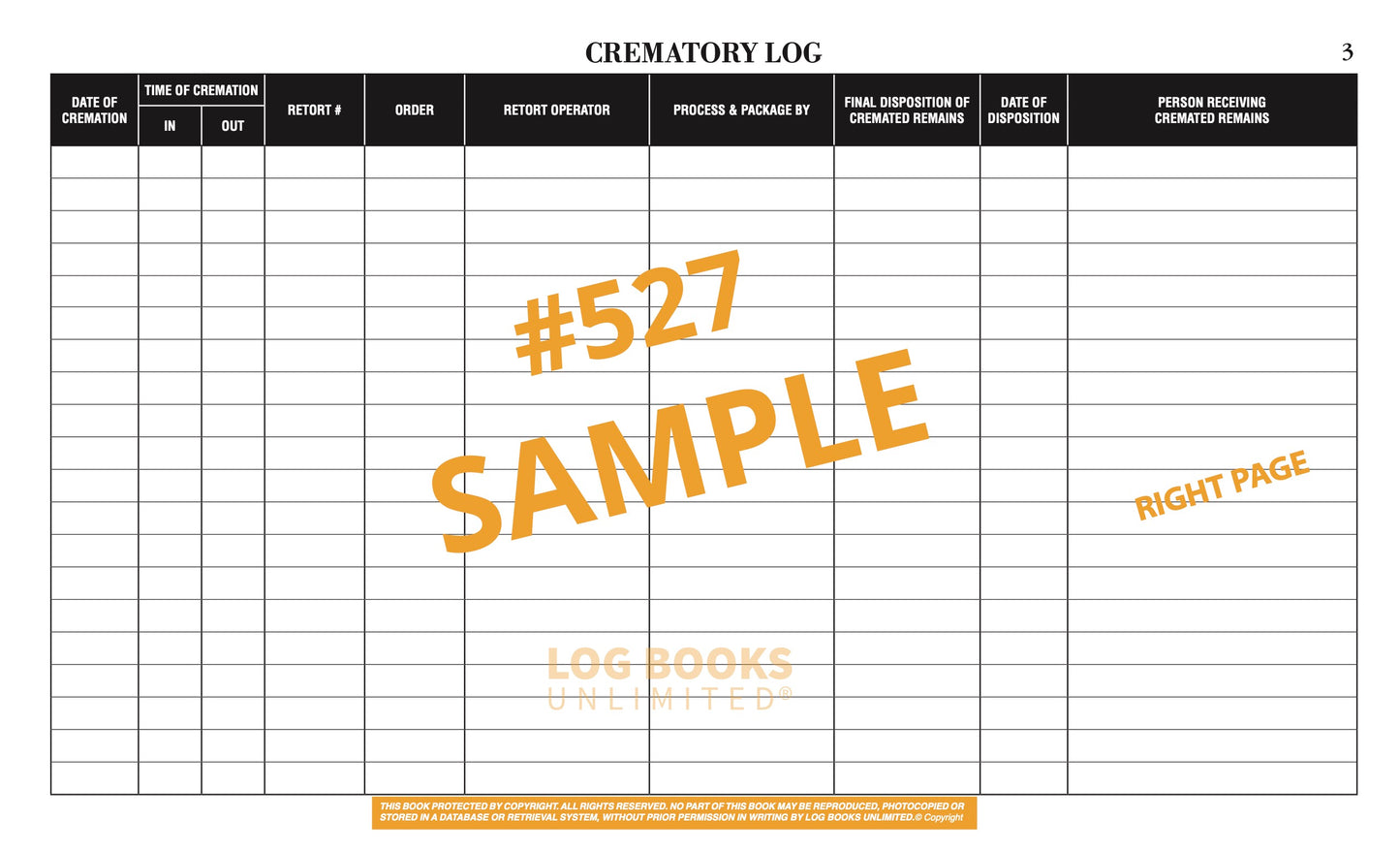 A sample crematory log right page with columns for date and time of cremation, report operator, process details, final disposition, and person receiving remains.