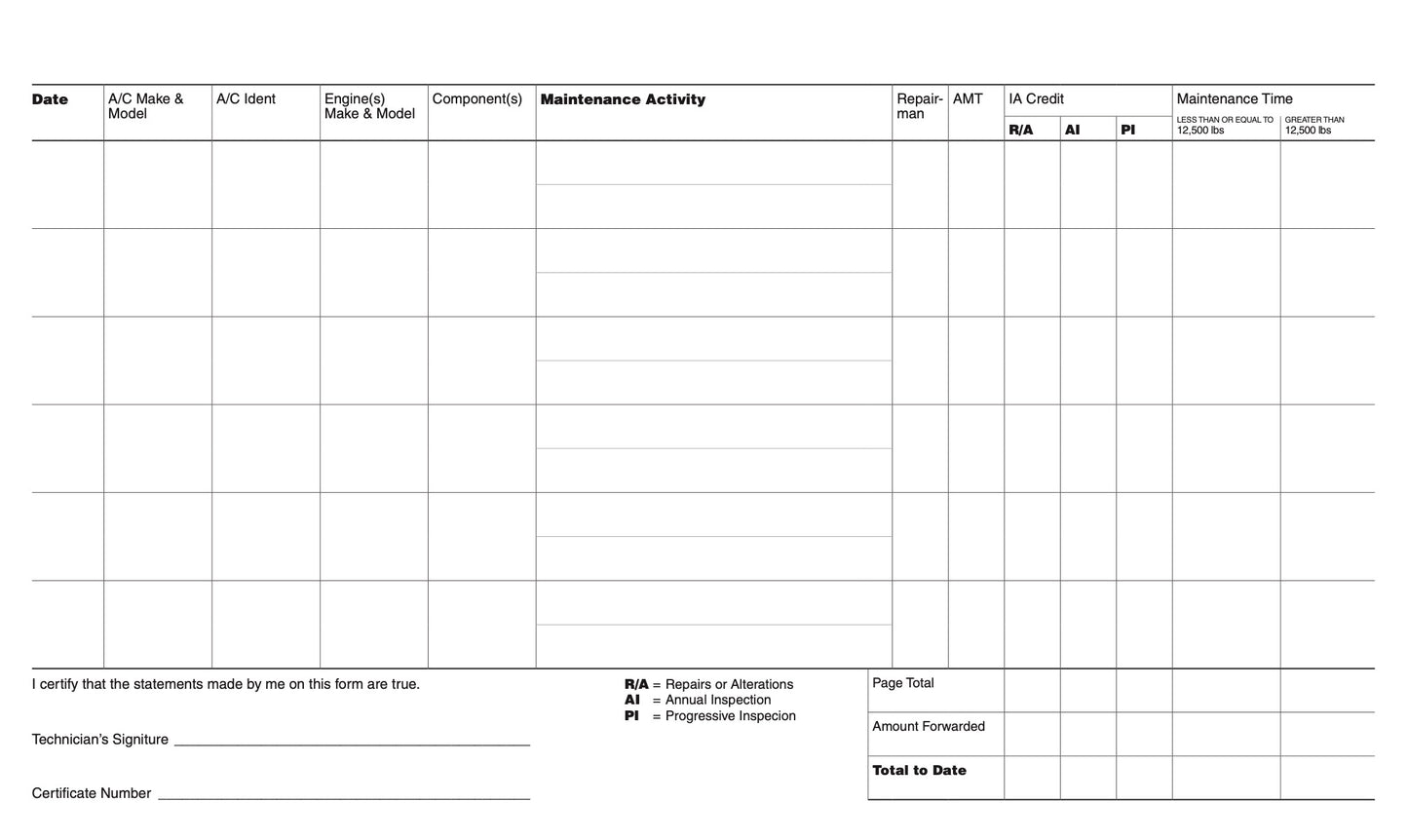Aviation Maintenance Technicians Log SP-AMT InsidePage