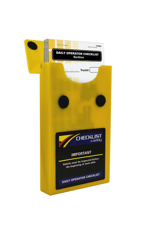 A yellow checklist caddy holding a daily operator checklist for a backhoe, designed for easy vehicle inspection.