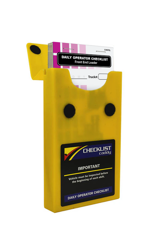 A yellow checklist caddy holding a daily operator checklist for a front end loader, designed for easy vehicle inspection.