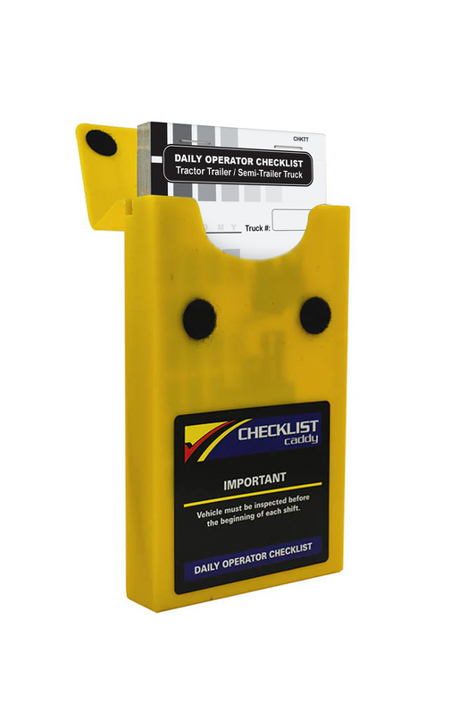 A yellow checklist caddy holding a daily operator checklist for a tractor trailer, designed for easy vehicle inspection.