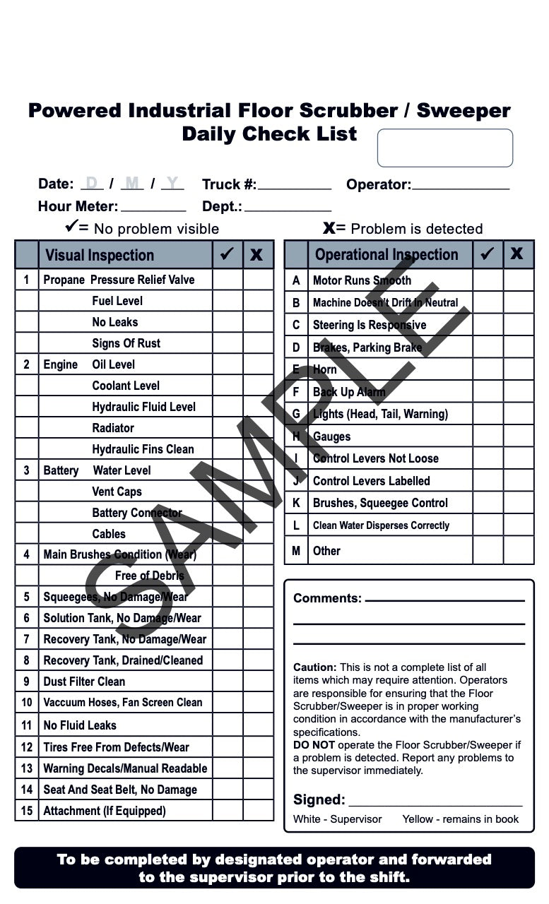 Example of an industrial floor scrubber log book