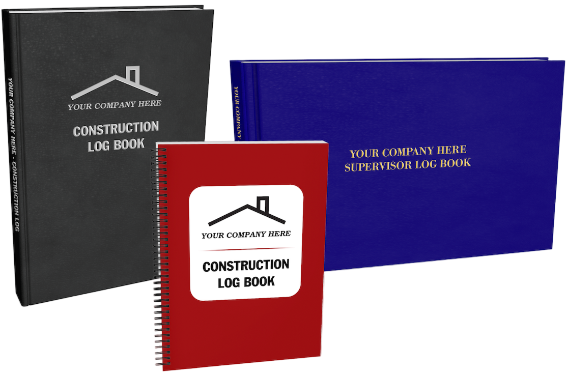 Three customizable construction log books in different styles.