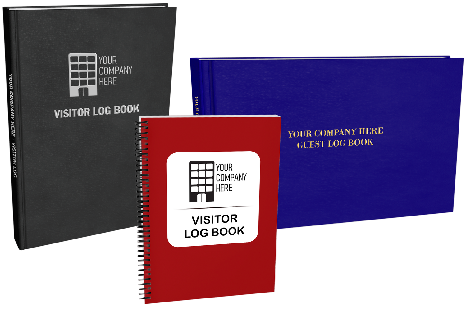 Three customizable visitor log books in different styles.