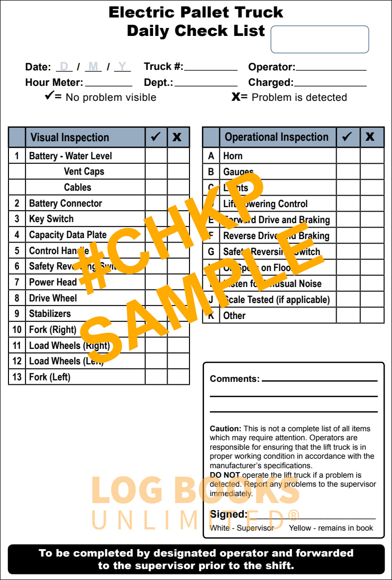 Electric Pallet Truck Checklist + Plastic Caddy # SCADD(P) Sample Page