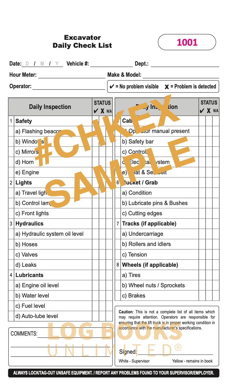 Excavator - Replacement Log #CHKEX Sample Page