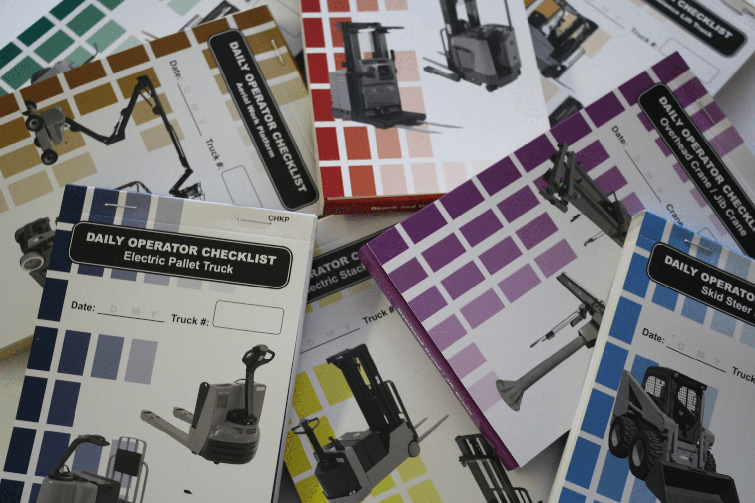 fork lift books with different color patterns