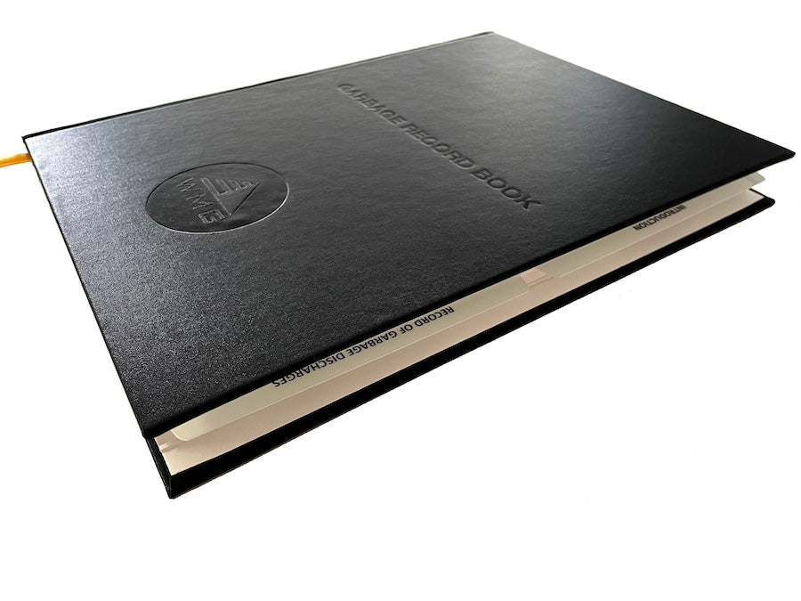 A black logbook with an imprint on the cover.
