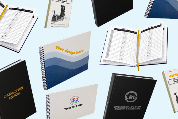 Several different log books in a collage. Custom log books with the text 'Your Design Here' are in the center.