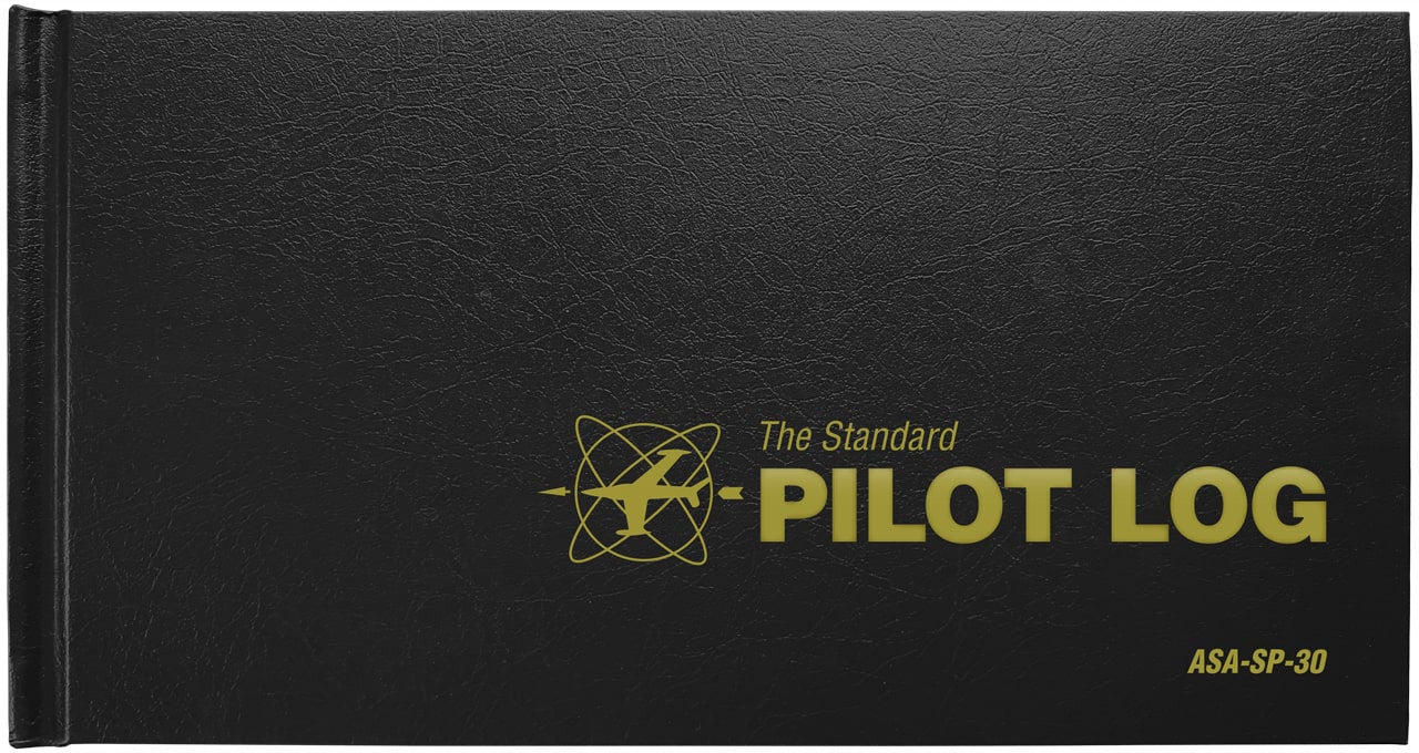 a black cover for a pilot log book. The cover has gold text and a small airplane. The text says 'The Standard pilot log'.