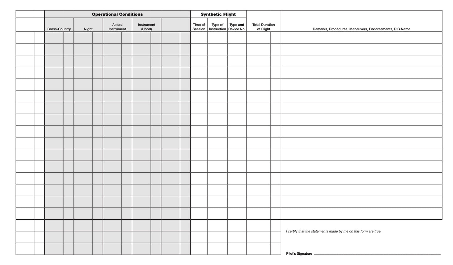 inner page of a pilot log book.