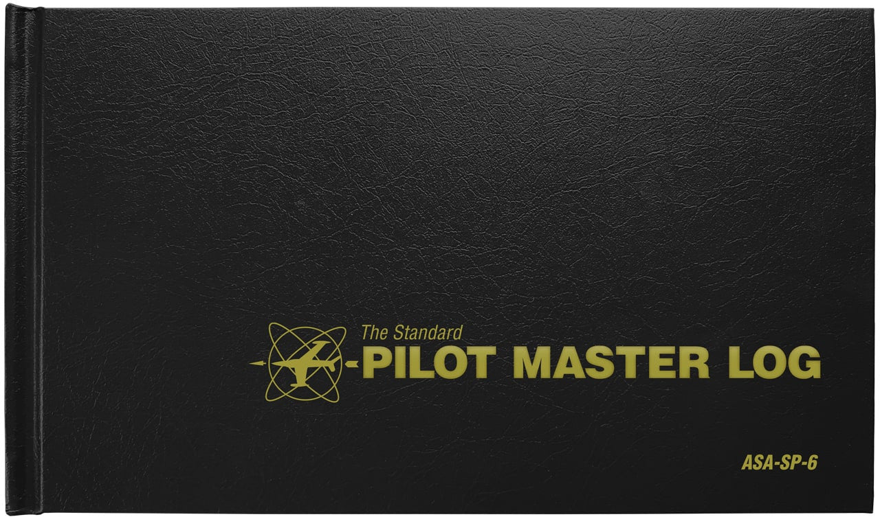 a black cover of a pilot master log book. There is a small plane on the cover. 