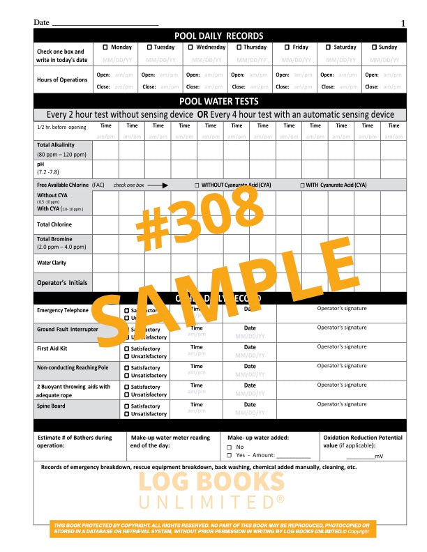 Swimming Pool Log Book #308 Sample Page
