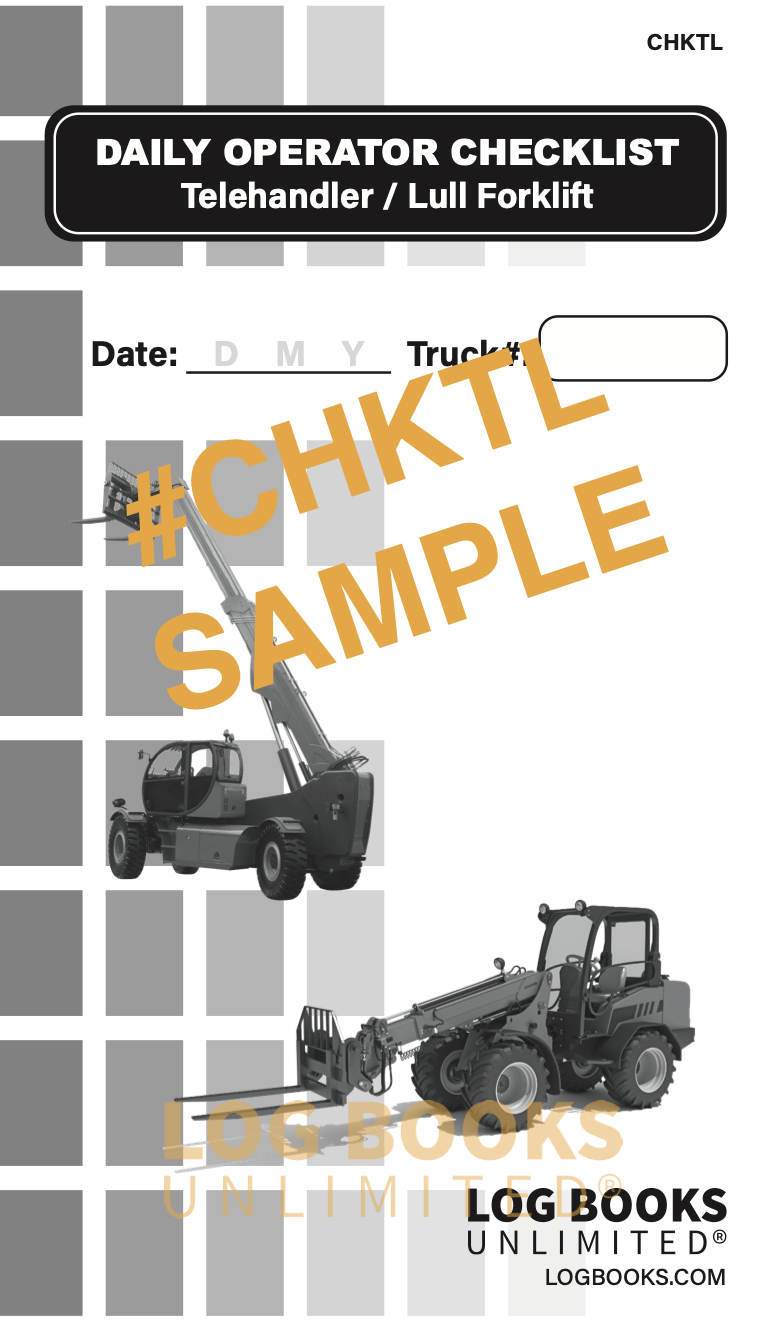 "Daily Operator Checklist – Telehandler/ Lull Forklift" logbook. The cover features a Telehandler/ Lull Forklift illustration and spaces to record the Date and Truck Number. The background consists of grey squares, and the logbook branding "LOG BOOKS UNLIMITED®" is visible at the bottom.