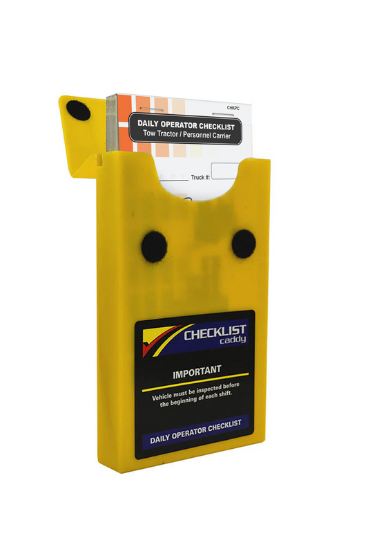 A yellow checklist caddy holding a daily operator checklist for a tow tractor, designed for easy vehicle inspection.