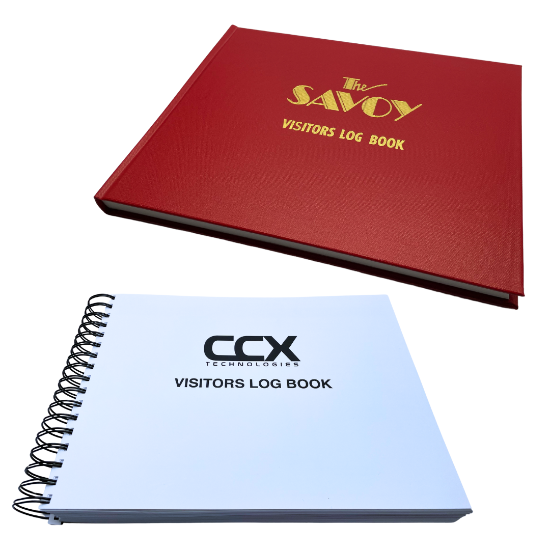 Two customizable visitor log books in different styles.