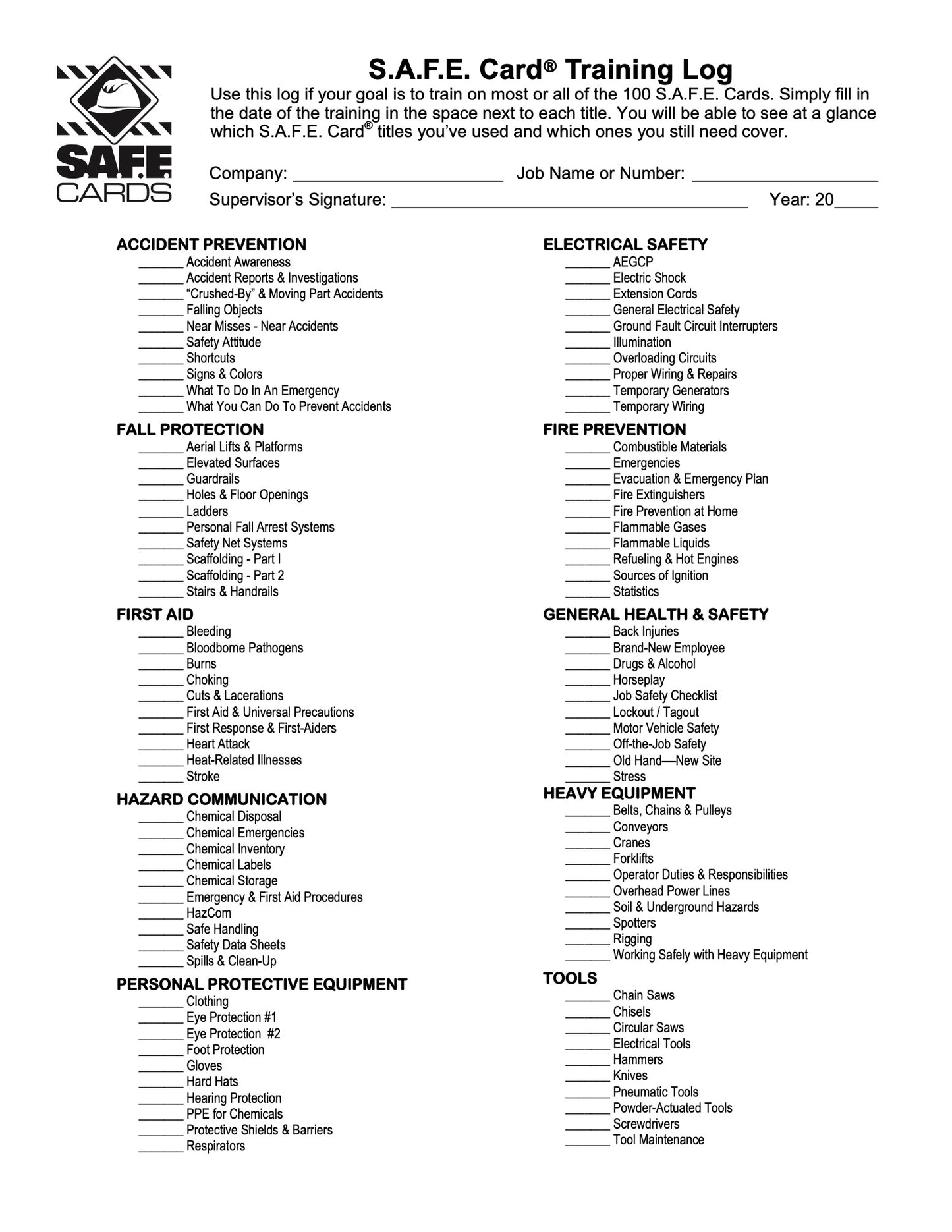 S.A.F.E Card Training Log