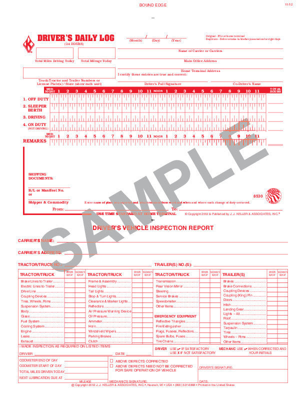 Sample Page of 2-In-1 Driver's Daily Log Book - Detailed DVIR #8530 (705-LD)