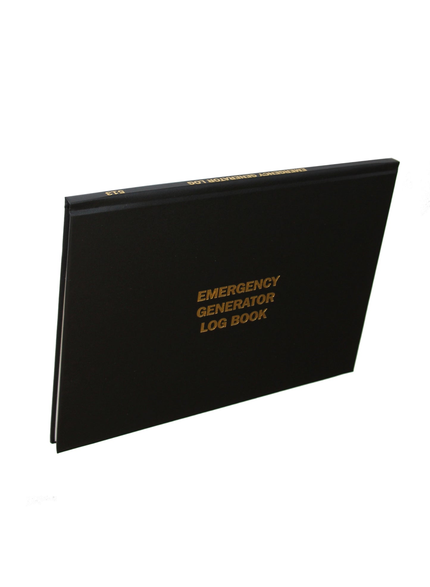 Front cover of a black Log Book with text in gold stating "Emergency Generator Log Book"