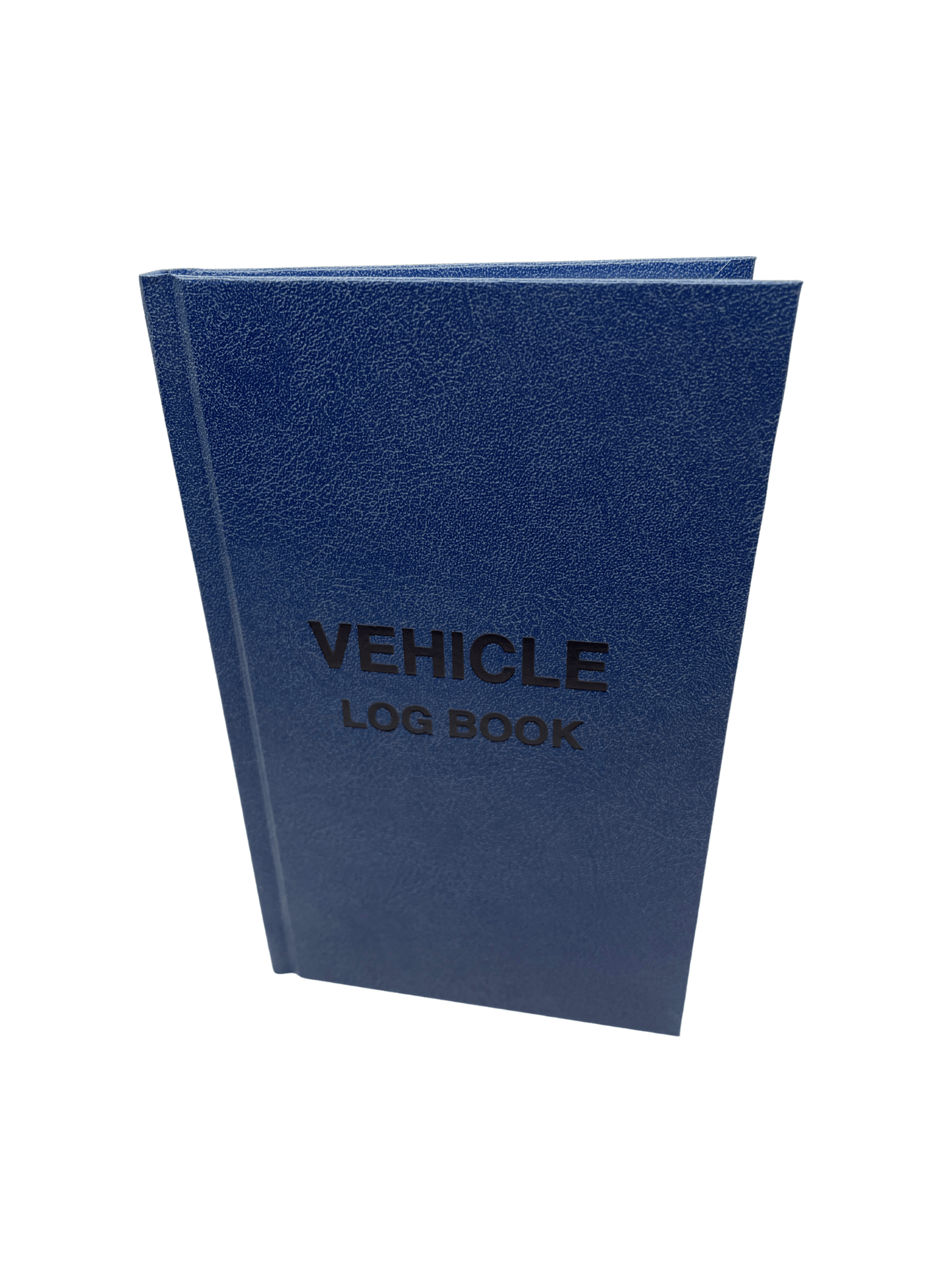 a blue log book with black text stating "vehicle log book"
