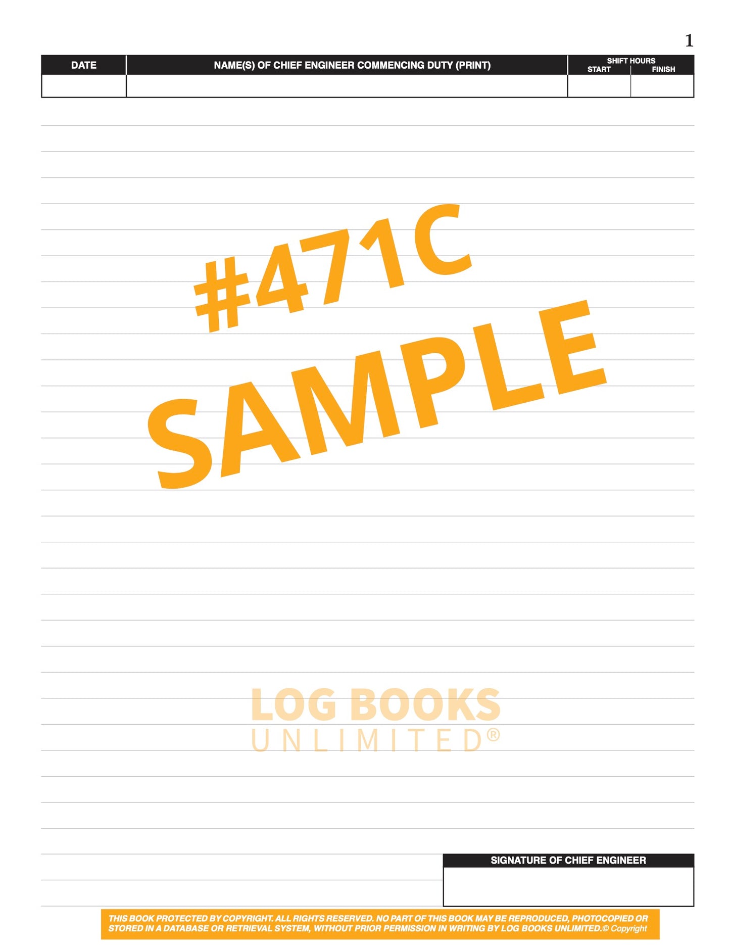 Chief Engineers (1 Shift per page) Log Book #471C Sample Page