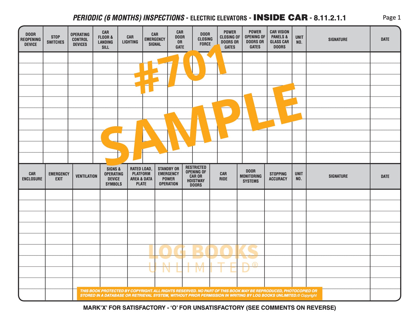 Electric Elevator Maintenance Log Book #701 Sample Page
