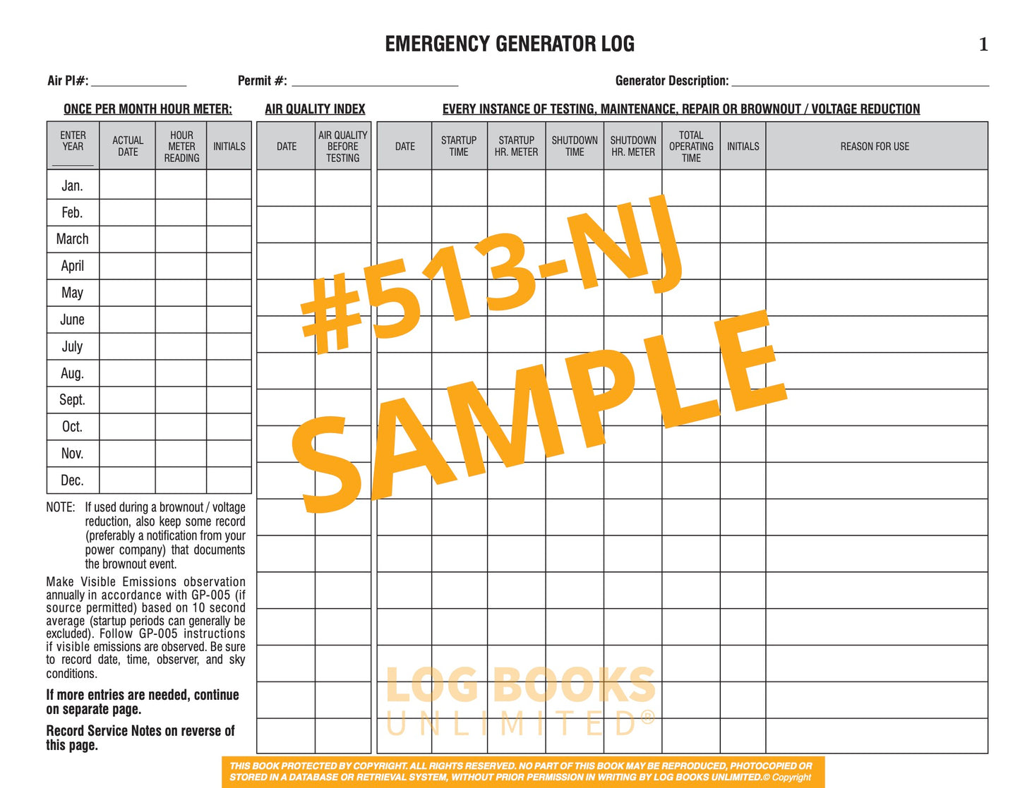 Emergency Generator Log Book #513-NJ Sample Page