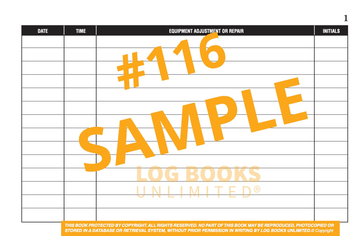 Equipment Maintenance Log Book #116 Sample Page