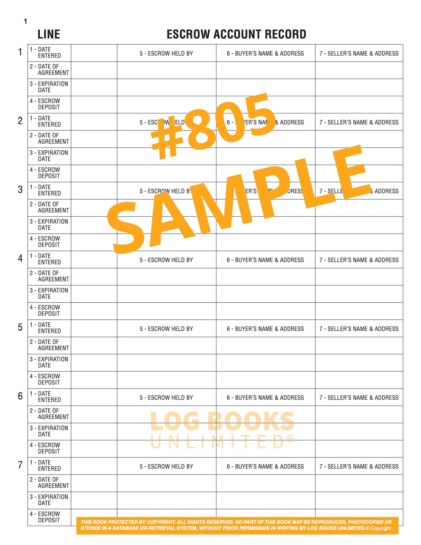 Escrow Record of Buyer and Seller Log Book #805 Sample Page