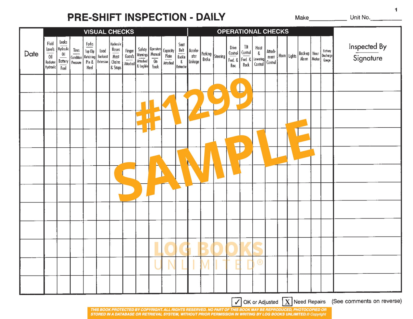 Fork Lift Truck Maintenance Log Book #1299 Sample Page