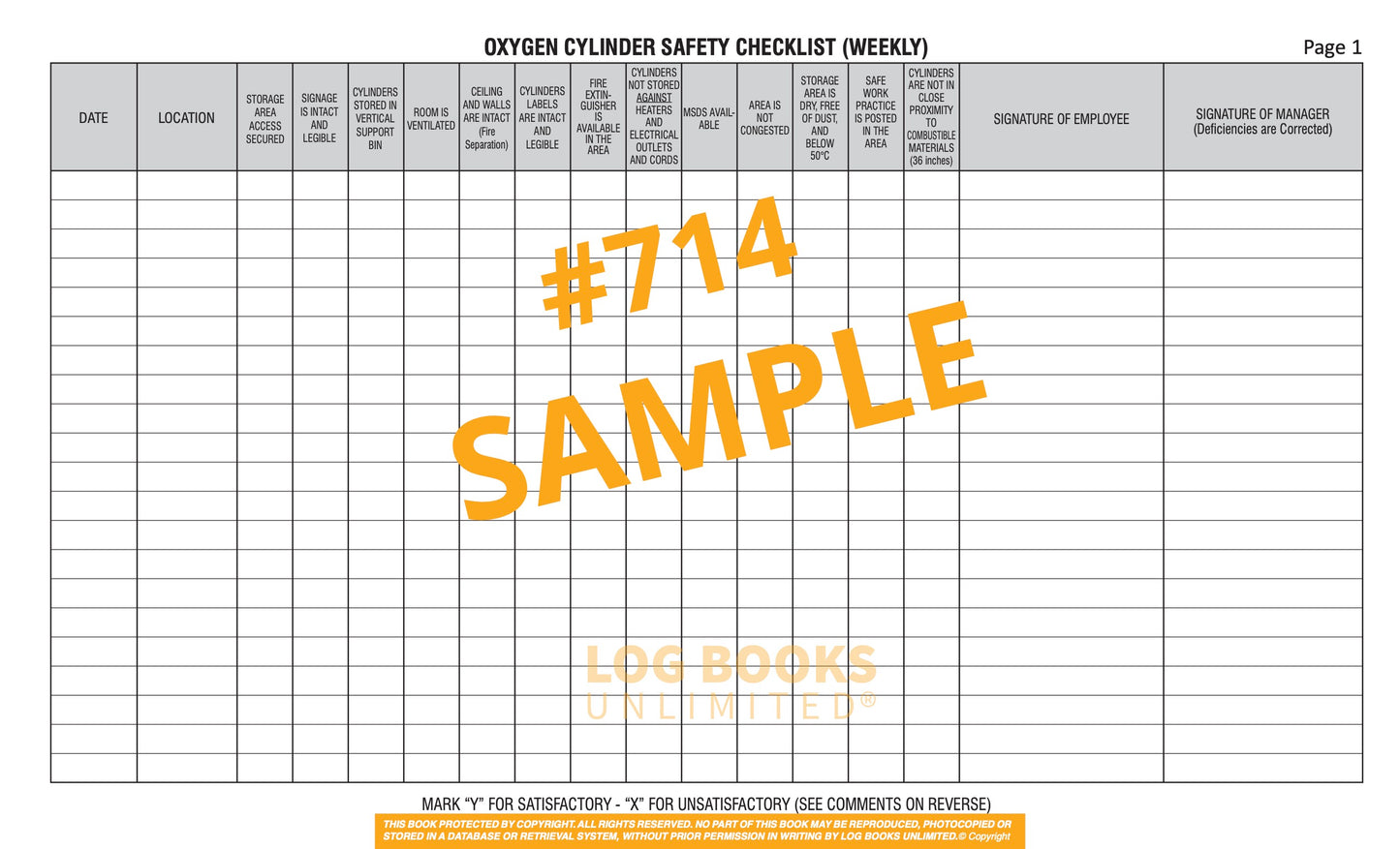 Oxygen Cylinder Safety Log Book #714 Sample Page