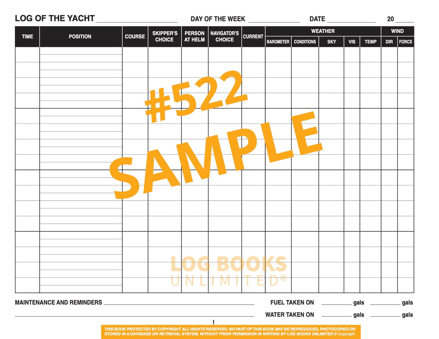 Sailing Yacht Log Book #522 Sample Page