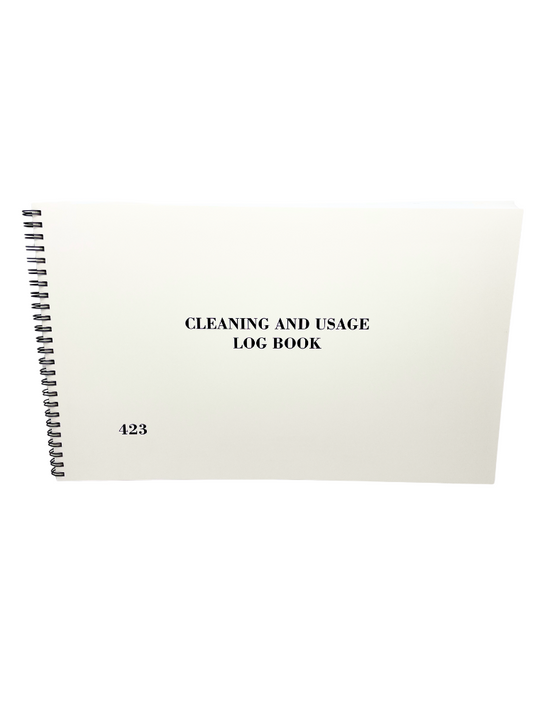 a white log book with the text 'cleaning and usage log book' on the cover.