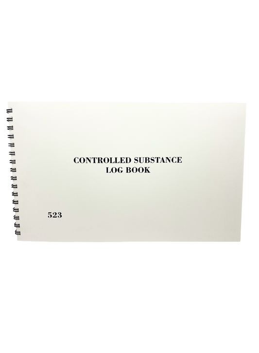 a front faced view of a white log book with the text 'controlled substance log book' on the cover.