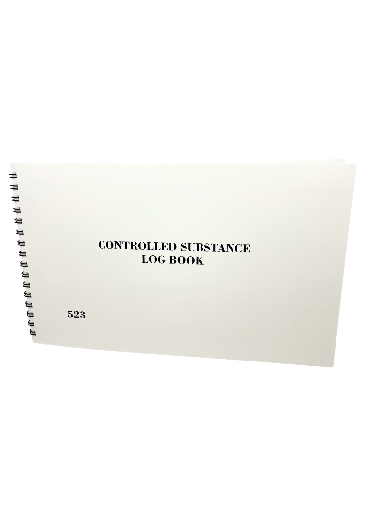 a white log book with the text 'controlled substance log book' on the cover.