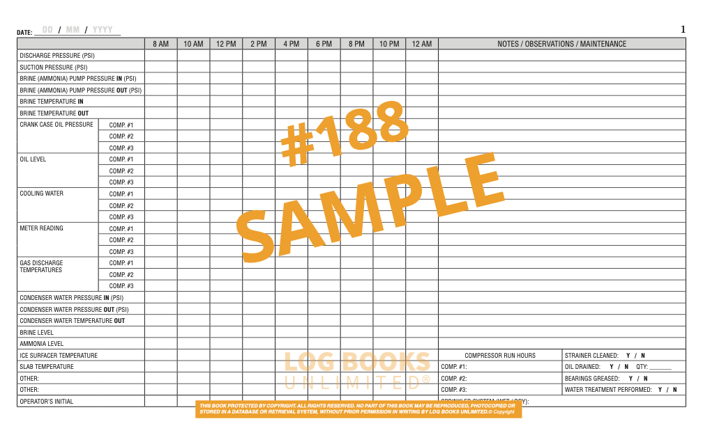Ice Rink / Refrigeration (3 Compressors - Brine / Ammonia) Log # 188 Sample Page