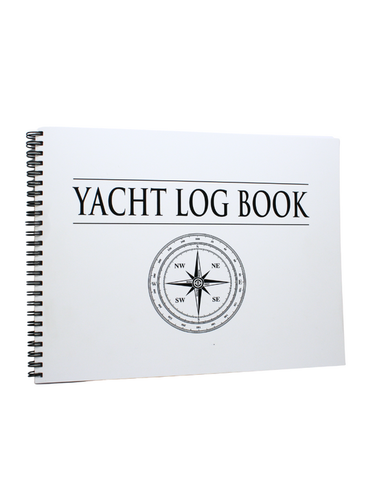a white log book with black text on the cover stating "Yacht Log Book'