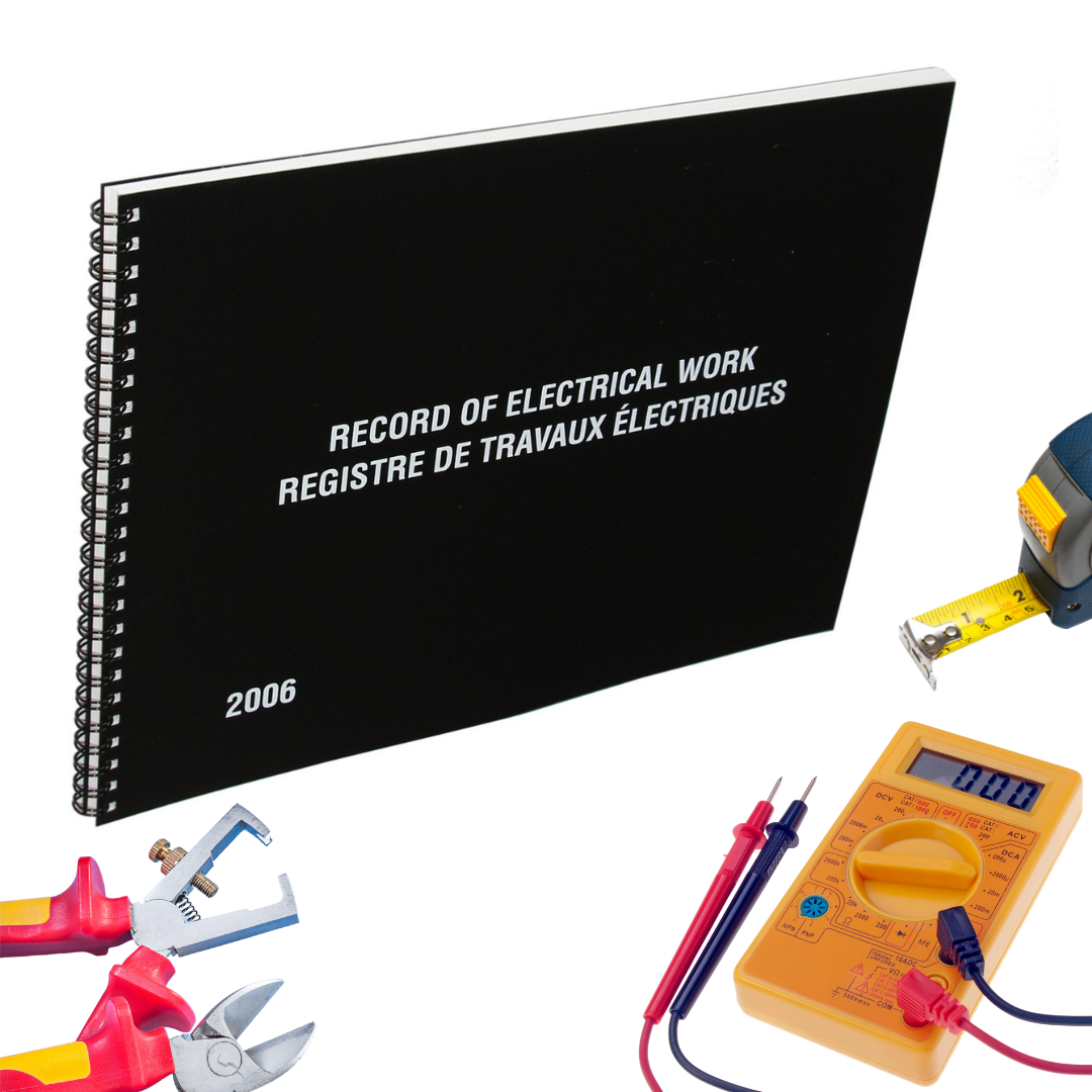A black spiral-bound book titled "Record of Electrical Work" with tools and a multimeter beside it.

