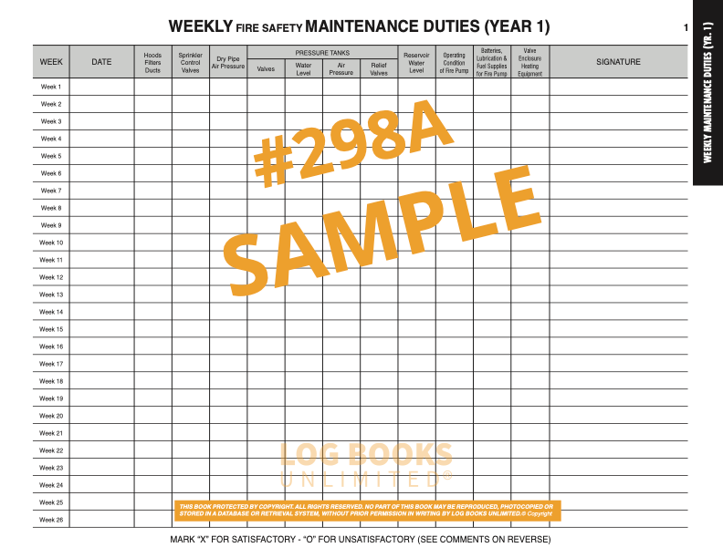 Sample Page from the #298A Log Book - Weekly Fire Safety Maintenance Duties (Year 1)