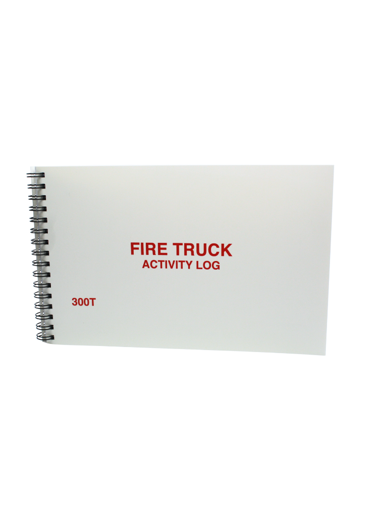 a white log book with red lettering on the cover stating "Fire Truck activity log"