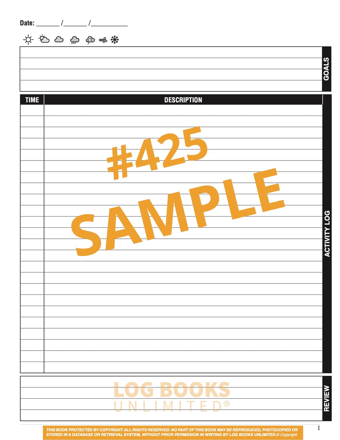 A sample daily activity log page with columns for time and description.