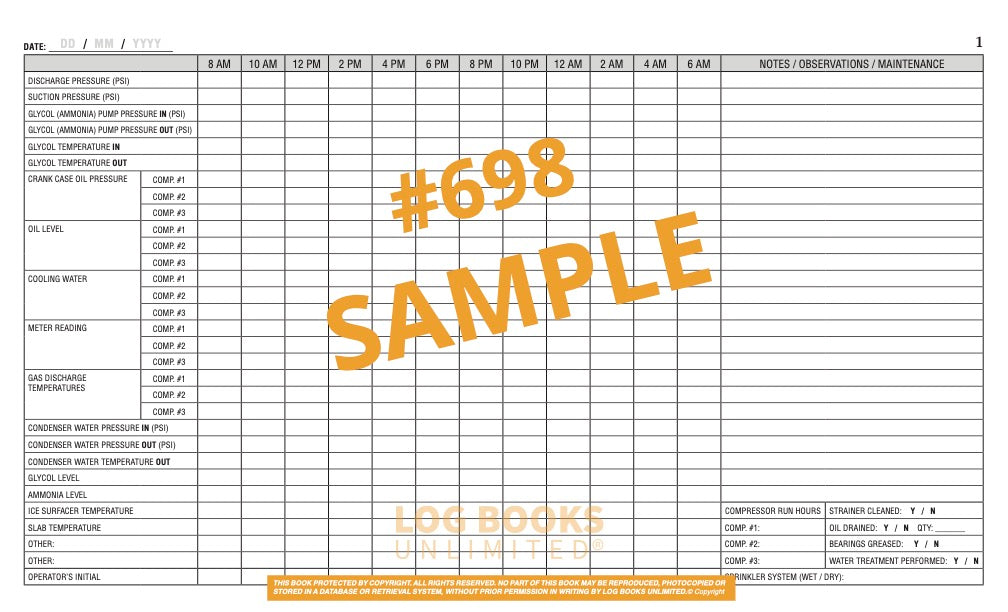 Ice Rink / Refrigeration Log Book (3 Compressors - Glycol / Ammonia) #698 Sample Page