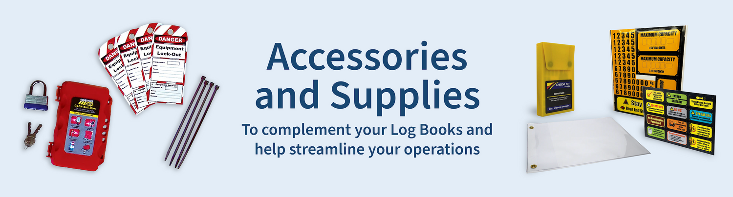 A banner showcasing various accessories and supplies, including lockout tags, binders, and organizational tools