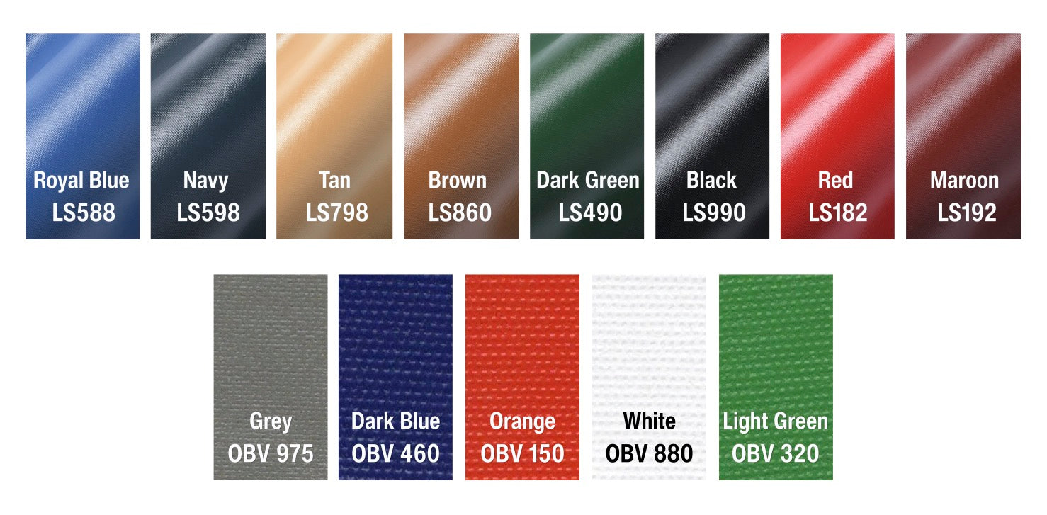 Different log book cover colours. The colors from left to right are Royal Blue LS588, Navy LS598, Tan LS798, Brown LS860, Dark Green LS490, Black LS990, Red LS182, Maroon LS192, Grey OBV 975, Dark Blue OBV 460, Orange OBV 150, White OBV 880 and Light Green OBV 320. 