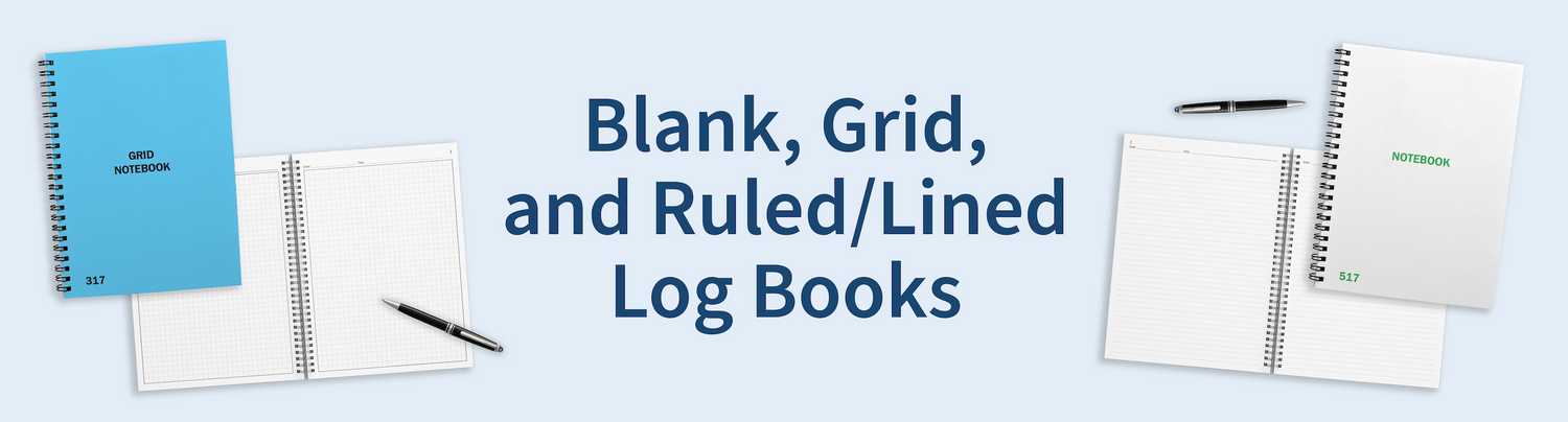 A banner featuring various notebooks, including blank, grid, and ruled styles