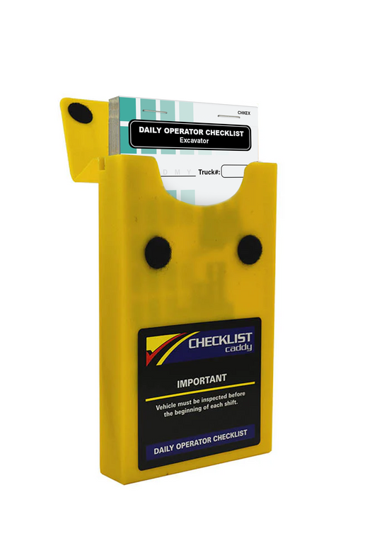 A yellow checklist caddy holding a daily operator checklist for an excavator, designed for easy vehicle inspection.