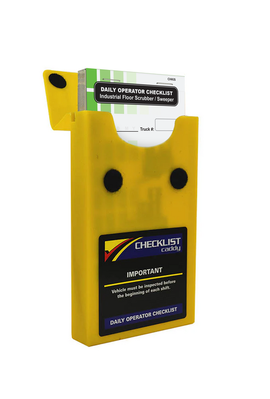 A yellow checklist caddy holding a daily operator checklist for an industrial floor scrubber.