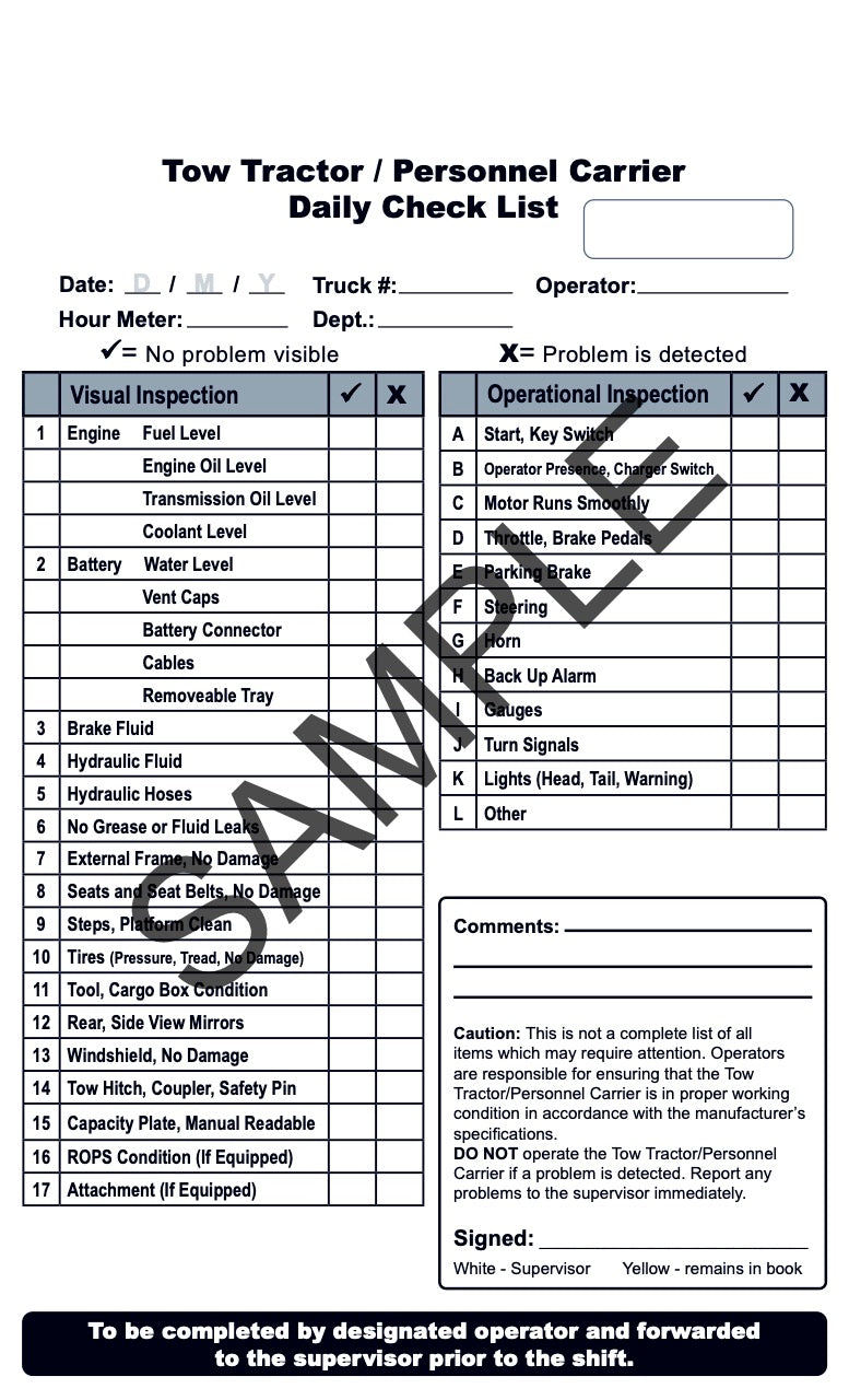 a sample list for the tow tractor with a daily checklist.